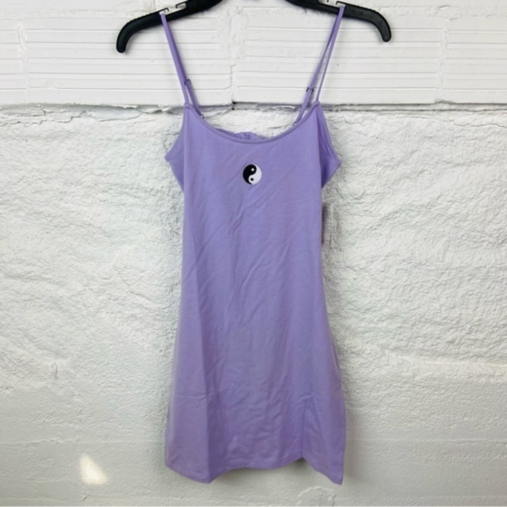 NWT SO purple yin and yang embroidered body con open back mini dress size small